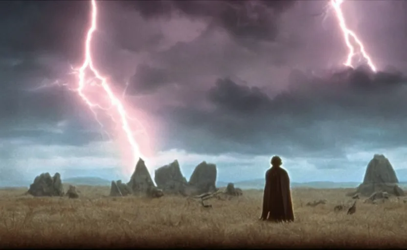 Image similar to screenshot portrait of Luke Skywalker in a windy lightning battlefield with scattered ruins of a fiery jedi rock temple, surrounded by giant AT-AT walkers, with young jedi army behind him, iconic scene from 1970s film by Stanley Kubrick, last jedi, 4k HD, cinematic lighting, beautiful portrait of Mark Hammill, moody scene, stunning cinematography, anamorphic lenses, kodak color film stock