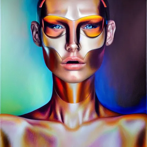 Image similar to cyborg fashion model, hyperrealism oil painting, matte