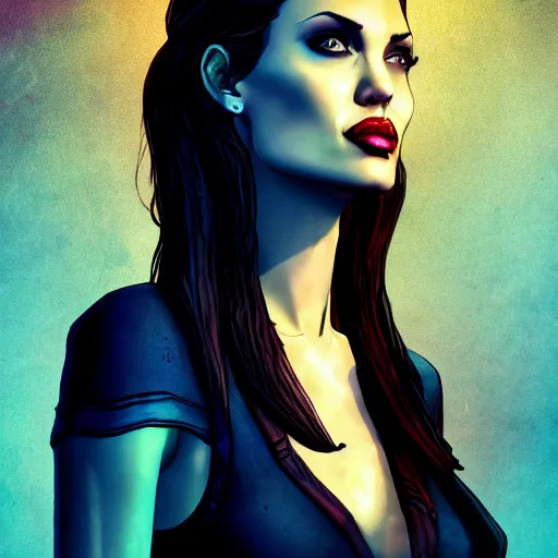 Prompt: angelina jolie portrait, borderlands, tales from the borderlands, the wolf among us, comic, cinematic lighting, studio quality, 8 k