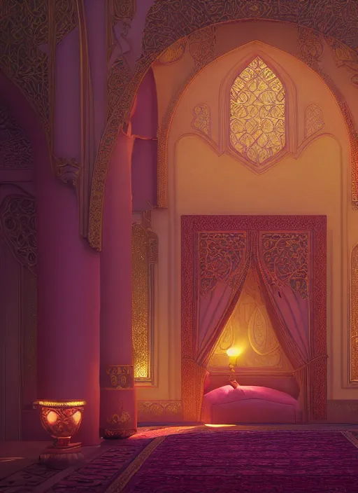 Image similar to beautiful interior of an ornate, intricate art nouveau arabian nights bedchamber, orientalism style, delphin enjolras, goro fujita, makoto shinkai, volumetric lighting, exquisite lighting, octane render, trending on artstation