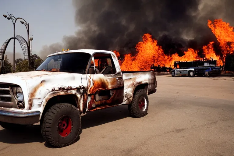 Prompt: lifted pickup in front of burning Disney Land by Emmanuel Lubezki