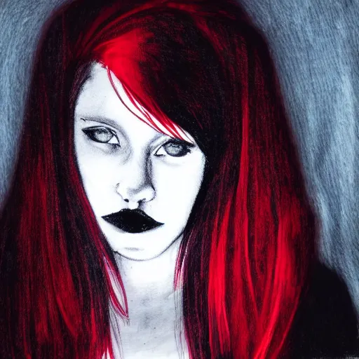 Prompt: Girl with red and black hair, grunge, drawing a portrait, photography