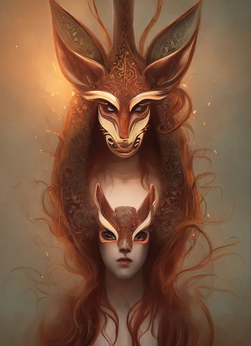 Image similar to a beautiful detailed oil on copper art illustration of a japanese kitsune mask devil beautiful woman, centered, by charlie bowater, zeng fanzh, trending on artstation, dim dusk lighting, cinematic lighting, detailed lighting, volumetric lighting, realistic, f 8, 4 k hd wallpaper