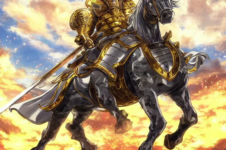 Image similar to an ultra detailed portrait of king richard the lionhearted as a paladin shonen anime protagonist charging into battle wearing bright gold armor and riding a horse blessed by god, epic anime fantasy, 8 k, volumetric lighting, smooth, highly detailed, digital illustration, art by kentaro miura and akira toriyama and artgerm