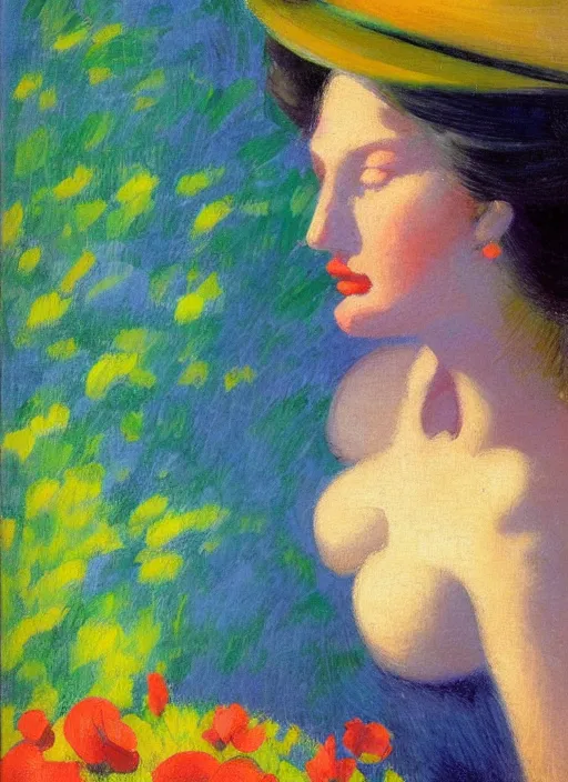 Prompt: an extreme close-up abstract portrait of a lady enshrouded in an impressionist representation of Mother Nature and the meaning of life by Edward Hopper and Igor Scherbakov, abstract colorful lake garden at night, thick visible brush strokes, figure painting by Anthony Cudahy and Rae Klein, vintage postcard illustration, minimalist cover art by Mitchell Hooks