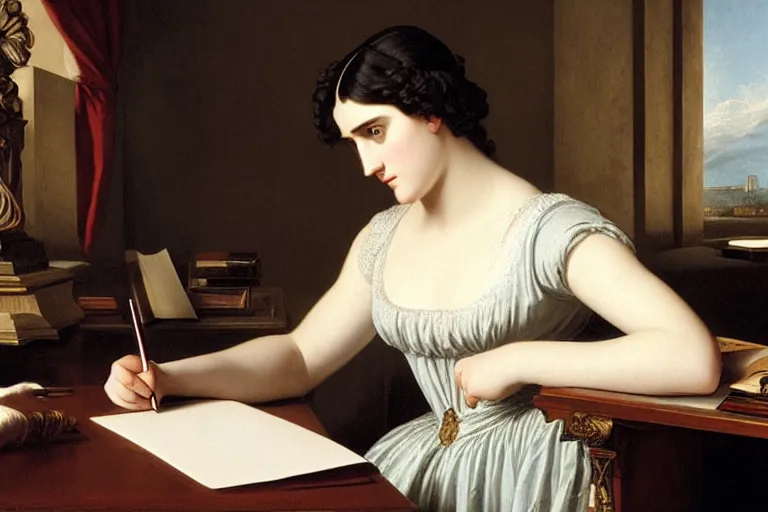 Prompt: 1 8 1 0 s katie mcgrath writing at her desk by vittorio reggianini, bright godray lighting, perfectly detailed eyes, colorful clothes, beautiful hands, pale skin, clear face