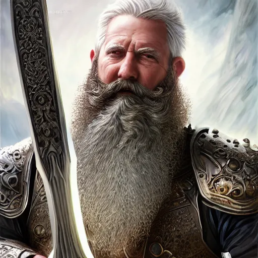 Image similar to a masterpiece ultrarealistic ultradetailed portrait of full armored magic knight strong bearded white haired man with giant axe baroque renaissance. wide angle, intricate, elegant, by stanley artgerm lau, wlop, rossdraws, james jean, andrei riabovitchev, marc simonetti, background by james jean, light by julie bell, porcelain skin. global illumination. vfx