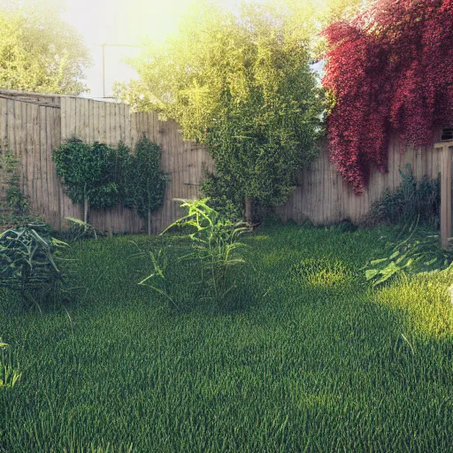 Prompt: leaked photos of my mother's backyard with full of weed, trending on artstation, 8 k, octane render, detailed lighting, high quality render, aesthetic, unreal engine