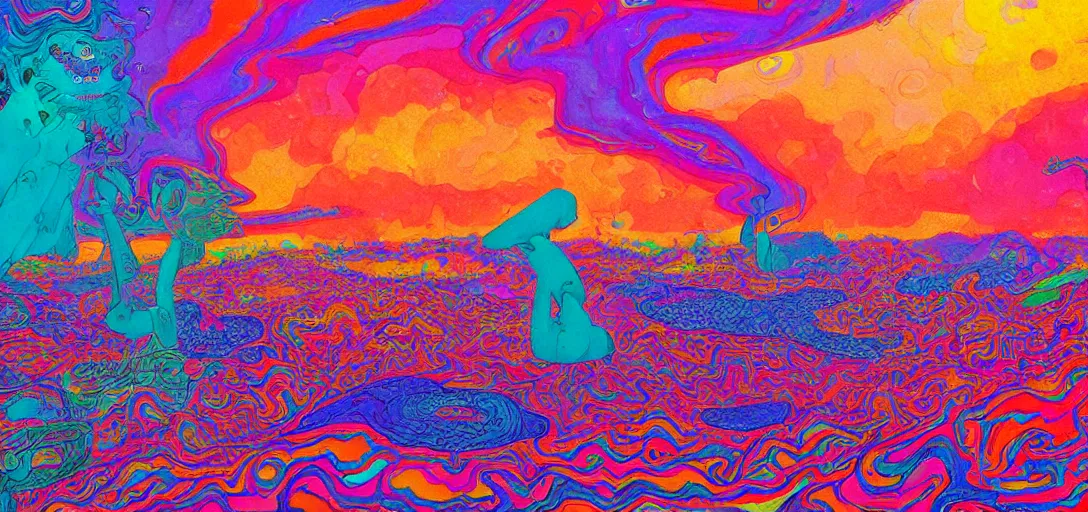 Prompt: a colorful vibrant psychedelic landscape made from human forms, licking a tab of lsd acid on his tongue and dreaming psychedelic hallucinations, by moebius, and james gilleard, steven outram, hd, 8 k, artstation