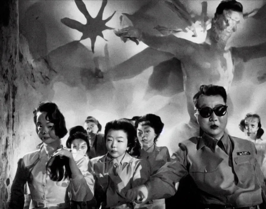 Image similar to a filmstill of pulgasari, kaiju starfish, monster movie, korean film noir, 1 9 5 0 s thriller, kim jong - il, in the style of suspiria ( 1 9 7 7 )