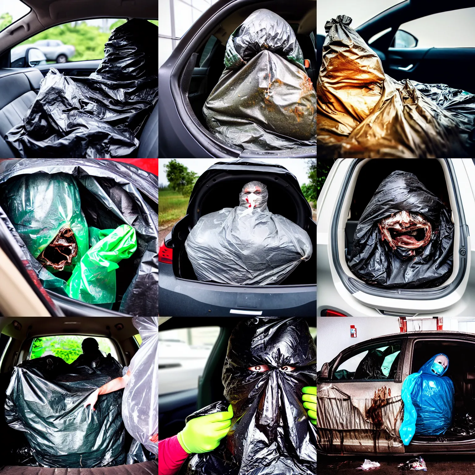 Prompt: steaming stinking garbage bag with human face oozing goo inside car, giving away a gift wrapped birthday present, wide angle, specular highlights, fetid atmosphere