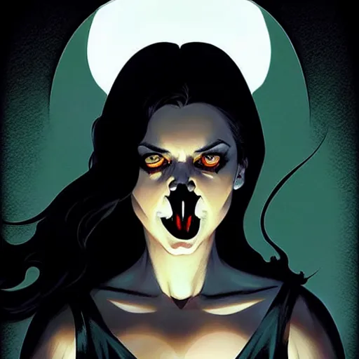 Prompt: rafael albuquerque comic art, peter mohrbacher, steve niles, artgerm, pretty mary elizabeth winstead witch sharp vampire teeth open mouth, black dress, symmetrical eyes, long blonde hair