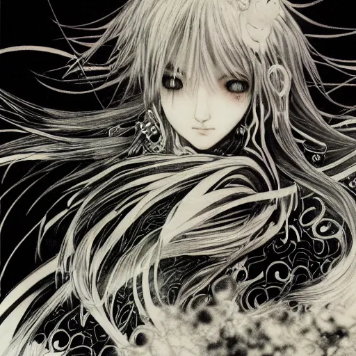 Image similar to yoshitaka amano blurred and dreamy illustration of an anime girl with black eyes, wavy white hair fluttering in the wind wearing elden ring armor and engraving, abstract black and white patterns on the background, noisy film grain effect, highly detailed, renaissance oil painting, weird portrait angle, blurred lost edges, three quarter view