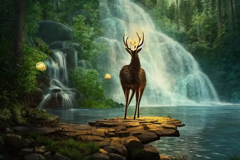 Image similar to deer god with glowing antlers next to lake and waterfall, moonlight, art by artgerm and greg rutkowski, cinematic shot, intricate, photorealistic, artstation, realistic, 1 0 0 mm, photography, octane, high definition, depth of field, bokeh, 8 k