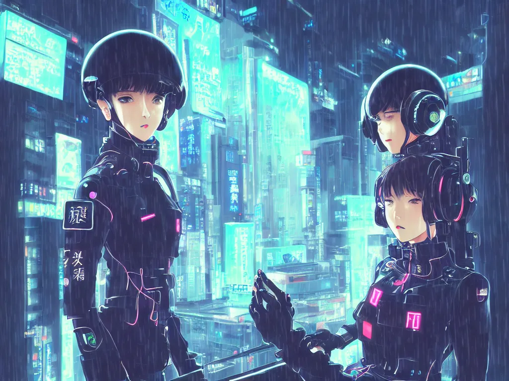 Image similar to portrait key anime visual futuristic female cyber airforce pilot, on cyberpunk neon light tokyo rainy rooftop, ssci - fi and fantasy, intricate and very beautiful, human structure, concept art, sharp focus, anime drawing by huaixuan xiang