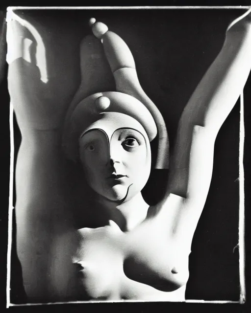 Image similar to a black and white photo of a divine cyborg in the style of dora maar,