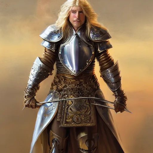 Image similar to Beautiful male cleric with long flowing blonde hair wearing burnished bronze armour emblazoned with a swan on the breastplate wielding a magical scimitar embossed with the phases of the moon, fantasy D&D character, portrait art by Donato Giancola and Bayard Wu, digital art, trending on artstation, 4k