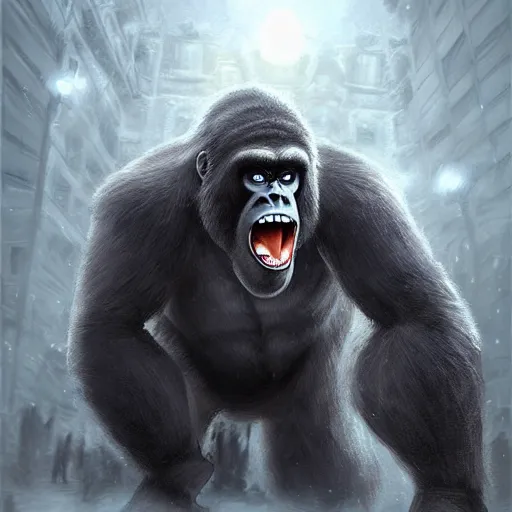 Image similar to angry and aggressive king kong in winter moscow, digital painting, very detailed, art by artgerm