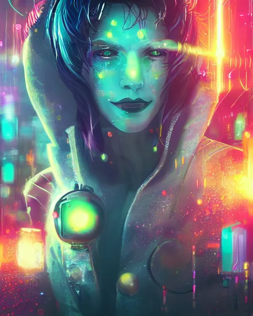 Image similar to a cyberpunk close up portrait of enchanting cyborg cruella de vil, electricity, rainbow, sparks, bokeh, soft focus, sparkling, glisten, water drops, cold, dark, geometric, temples behind her, by paul lehr, jesper ejsing