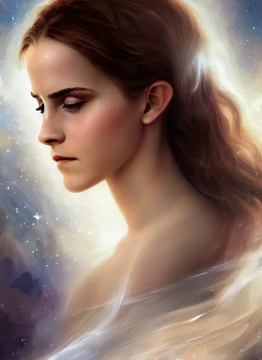 Image similar to emma watson as magic healer celestial, long hair, white and transparent cloth, space, D&D, shiny background, intricate, elegant, highly detailed, digital painting, artstation, concept art, smooth, sharp focus, illustration, artgerm, bouguereau