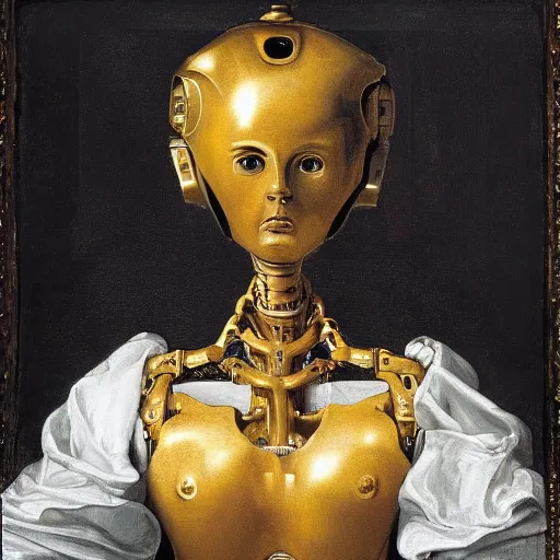 Prompt: robot realizes its sentient, baroque era painting