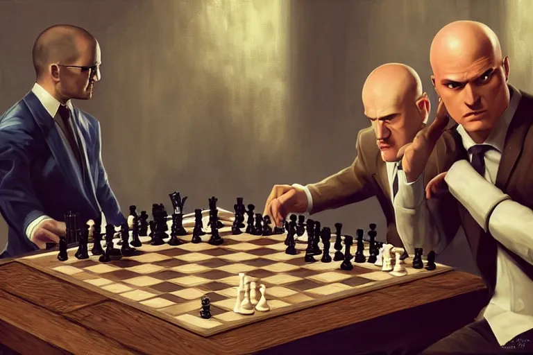 Image similar to Steve from Minecraft playing chess against Agent 47 from Hitman, oil painting, epic, video game, full res, full shot, featured on artstation, highly detailed