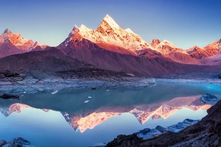 Image similar to beautiful nighttime landscape photography of the Himalayan Mountains with a crystal blue lake, serene, dramatic lighting.