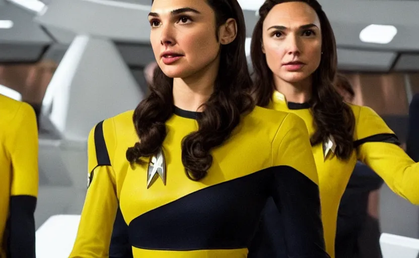 Image similar to Gal Gadot, wearing a yellow uniform, is the captain of the starship Enterprise in the new Star Trek movie