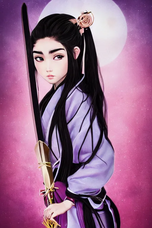 Image similar to highly detailed beautiful photo of madison beer as a young female samurai, practising her sword staces, symmetrical face, beautiful eyes, pink hair, realistic anime art style, 8 k, award winning photo, pastels colours, action photography, 1 / 1 2 5 shutter speed, sunrise lighting