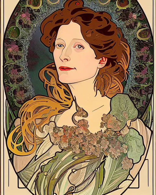 Prompt: a portrait painting of ( ( ( tilda swindon ) ) ) in the style of alphonse mucha!!!