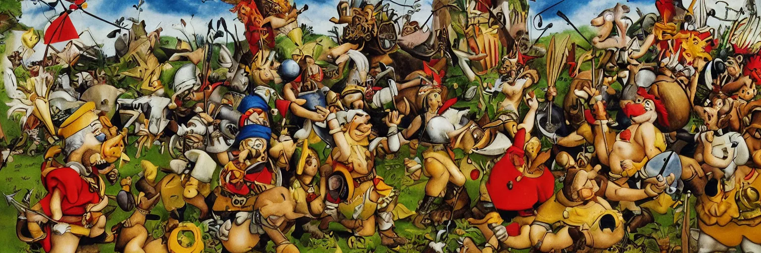 Prompt: Asterix and Obelix in the Garden of Earthly Delights. highly detailed, helmets, faces, studio lighting