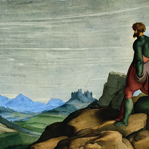 Image similar to a man looking in the distance from the top of a mountain, michelangelo, 1 4 5 0