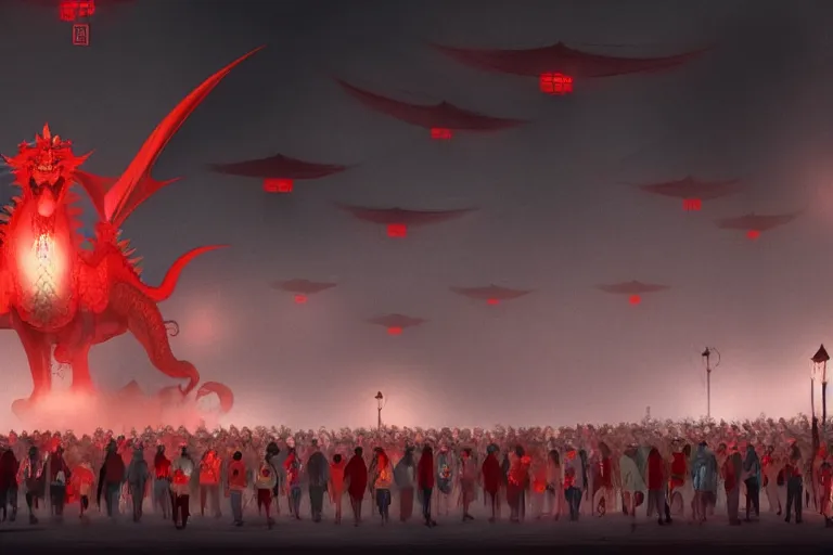 Image similar to lined up crowd is marching toward the chinese palace, big red dragon flying above them, dark atmosphere, light above palace, digital art, trending on artstation