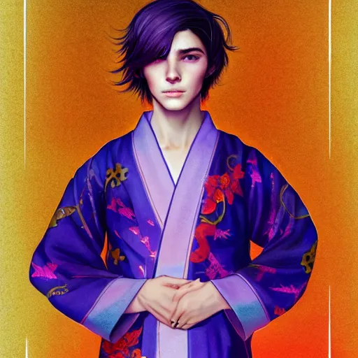 Prompt: colorful and Festive Captivating teenager boy with straight indigo hair, purple eyes with red eye markers, slim body, wearing a detailed Japanese kimono with golden details, atmospheric lighting, painted, intricate, 4k, highly detailed by Charlie Bowater