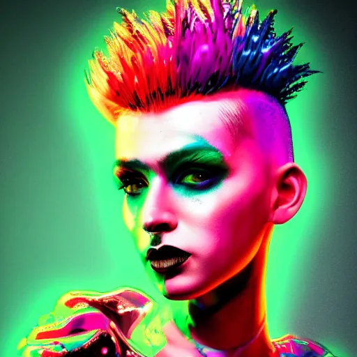 Prompt: splashes of neon magic, mowhawk, punk women portrait made out of paint, trending on artstation, epic composition, emotional, beautiful, rendered in octane, highly detailed, realistic, tim burton comic book art, sharp focus, unreal engine