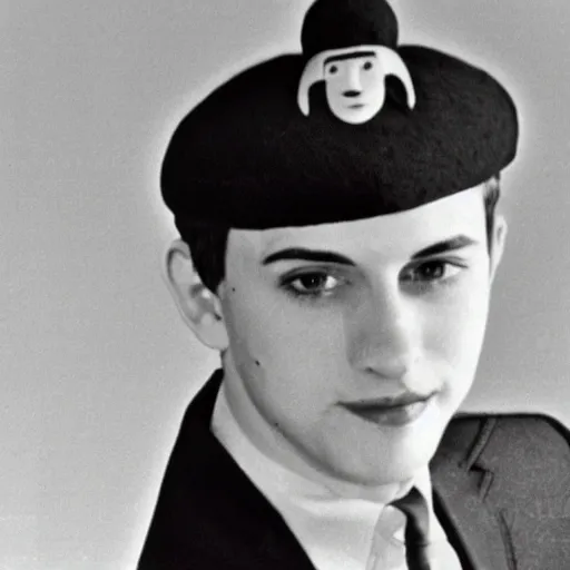 Prompt: a yearbook photo from 1966 of Jughead Jones, wearing a felt crown