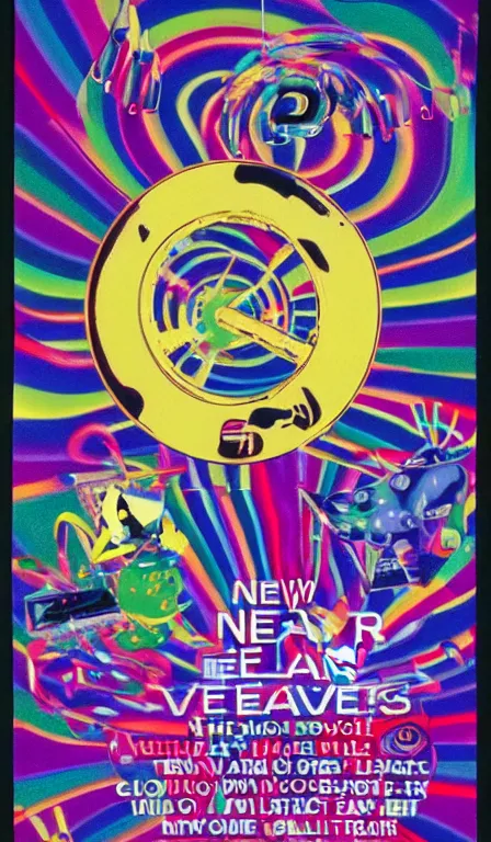 Prompt: Poster for a New Year's Eve rave, late 90s, by Peter Saville, Tadanori Yokoo