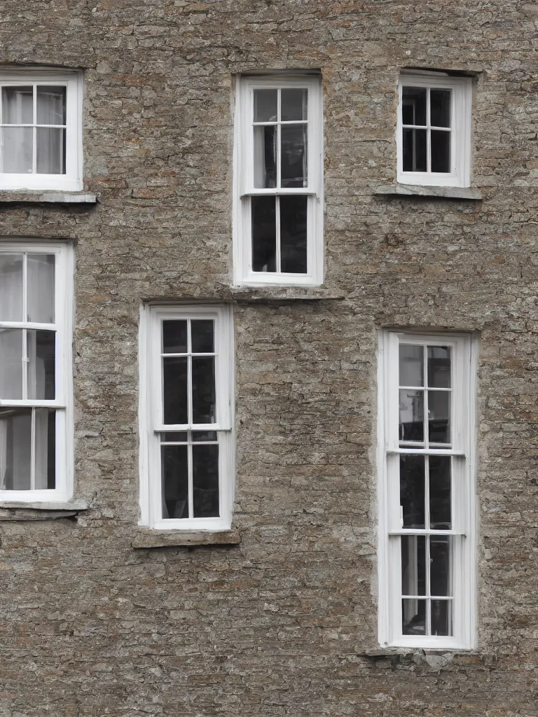 Image similar to single triangular or round sash window on a british wall, surprised and perplexed builders standing in front of it