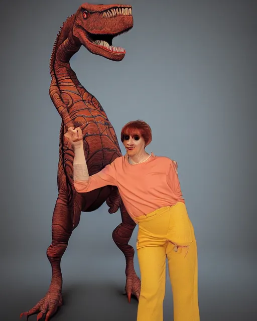 Image similar to a dinosaur-person wearing 1980s clothing