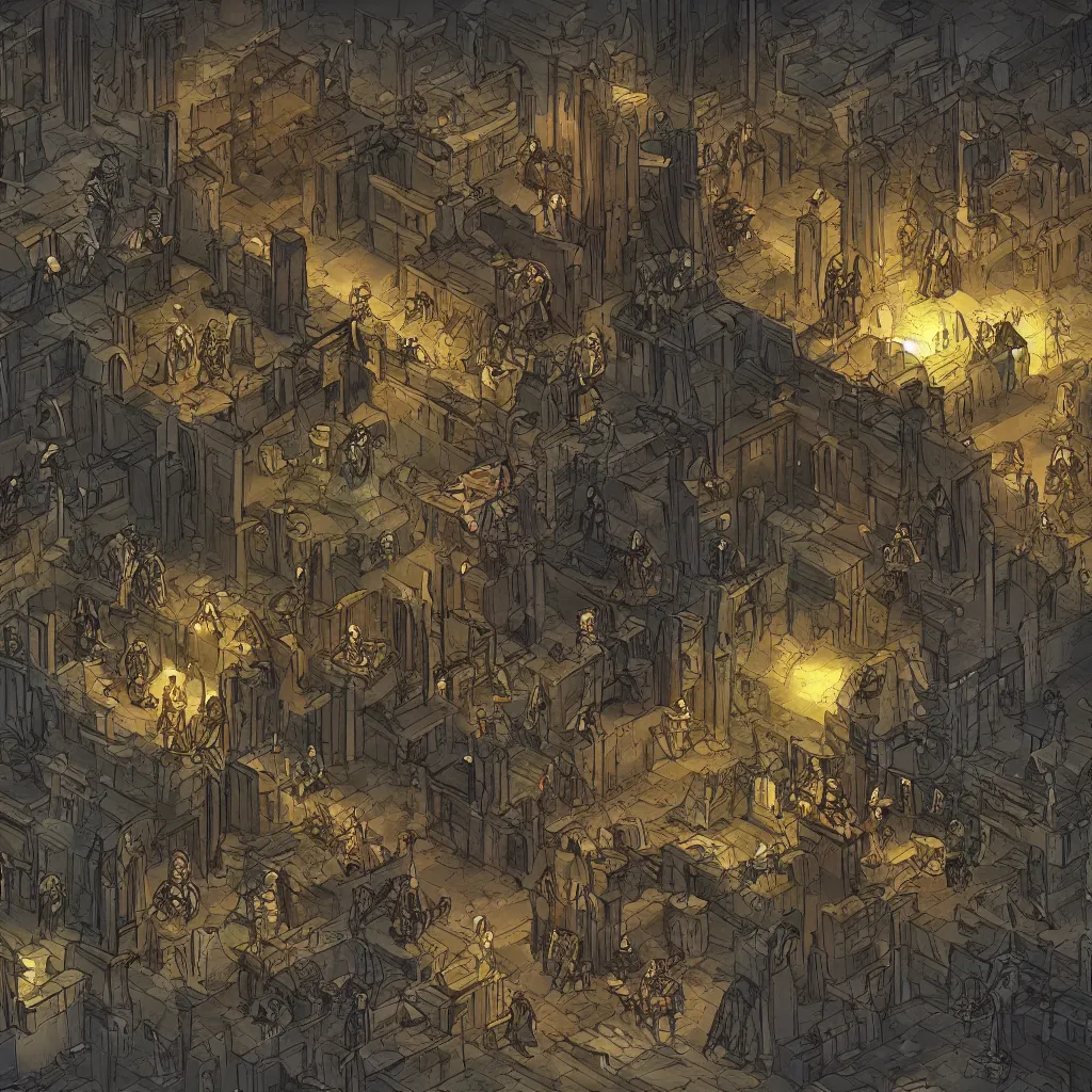 Image similar to An intensely bureaucratic villains lair with dozens of henchman doing paperwork, gridless DND map, 8k digital art, high quality,