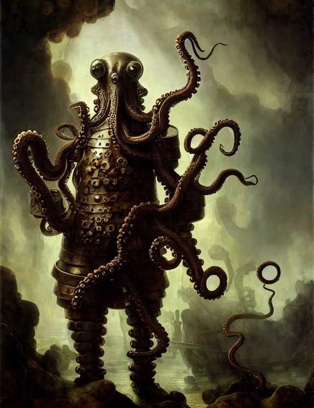 Prompt: anthropomorphic bipedal octopus that is wearing full iron plate armor, and holding a colossal sword in his hand, as a matte oil painting and d & d character art, by rembrandt, standing, fullbody, lots of bubbles, anemones, seaweed, award - winning, extremely detailed, sharp focus