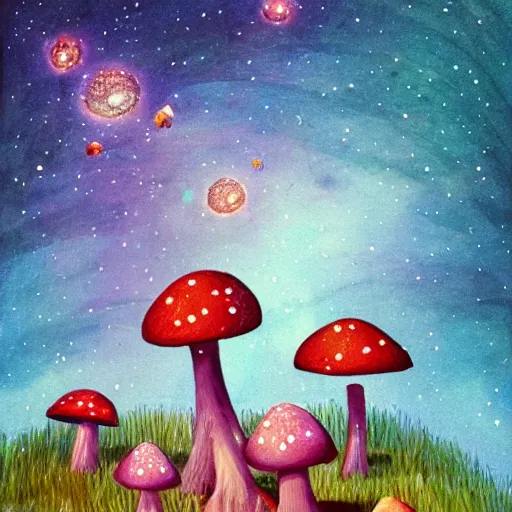 Image similar to the agaric mushroom galaxy, cozy fantasy illustration