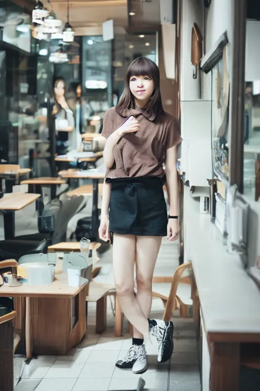 Image similar to her name is shimizu, age is 2 3, pretty japanese girl, brown hair, revealing black top, at cafe, lives in fukuoka, 8 k, photography, photography lighting