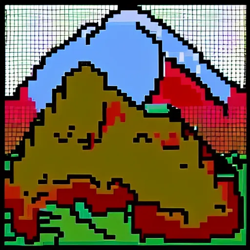Prompt: pixel art of a mountain full of lava