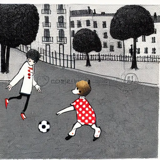 Image similar to illustration of french boy on the streets of paris playing football against a corgi, the dog is wearing a polka dot scarf, comic, 1 9 7 2