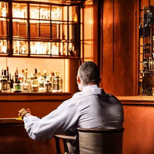 Prompt: guy smoking cigar, sitting on a chair, in a bar, dramatic lighting