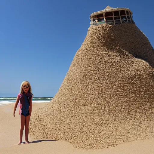 Image similar to a huge tower of sand on the beach a little girl standing next to it
