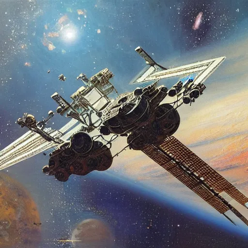 Image similar to distant view of abandoned beautiful space station floating in empty space, john berkey, terran trade authority