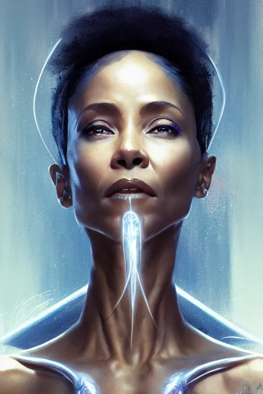 Prompt: young jada pinkett smith as aeon flux profile picture by Greg Rutkowski, the matrix, white hair, dynamic pose, intricate, futuristic, fantasy, elegant, by Stanley Artgerm Lau, greg rutkowski, thomas kindkade, alphonse mucha, loish, norman Rockwell,