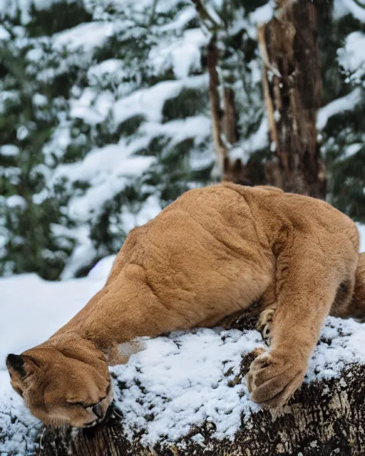 Prompt: magazine showing 'a cougar sleeping in the middle of snowy pine tree' laying on coffee table, zoomed out, HD, iphone screenshot